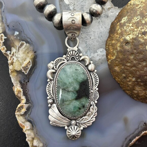Jewelry - Sterling Silver Southwestern Style Oval Emerald Decorated Pendant For Women #1